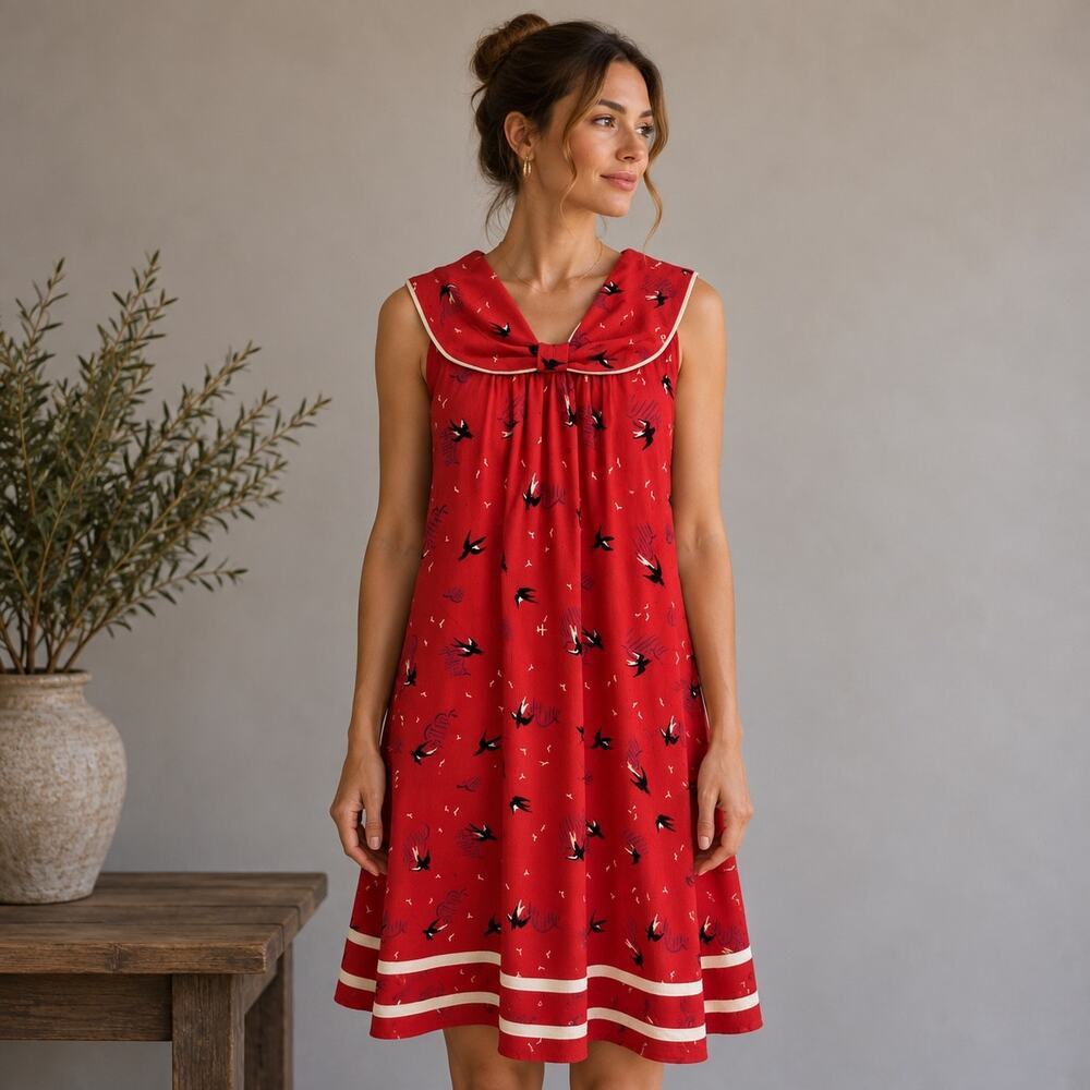 EK Jam Factory Red Bird Print Silk Shift Dress Small